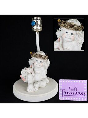 1991 Cast Art DREAMSICLE CHERUB ANGEL W BUNNY White Pink Figurine 10" Table Lamp